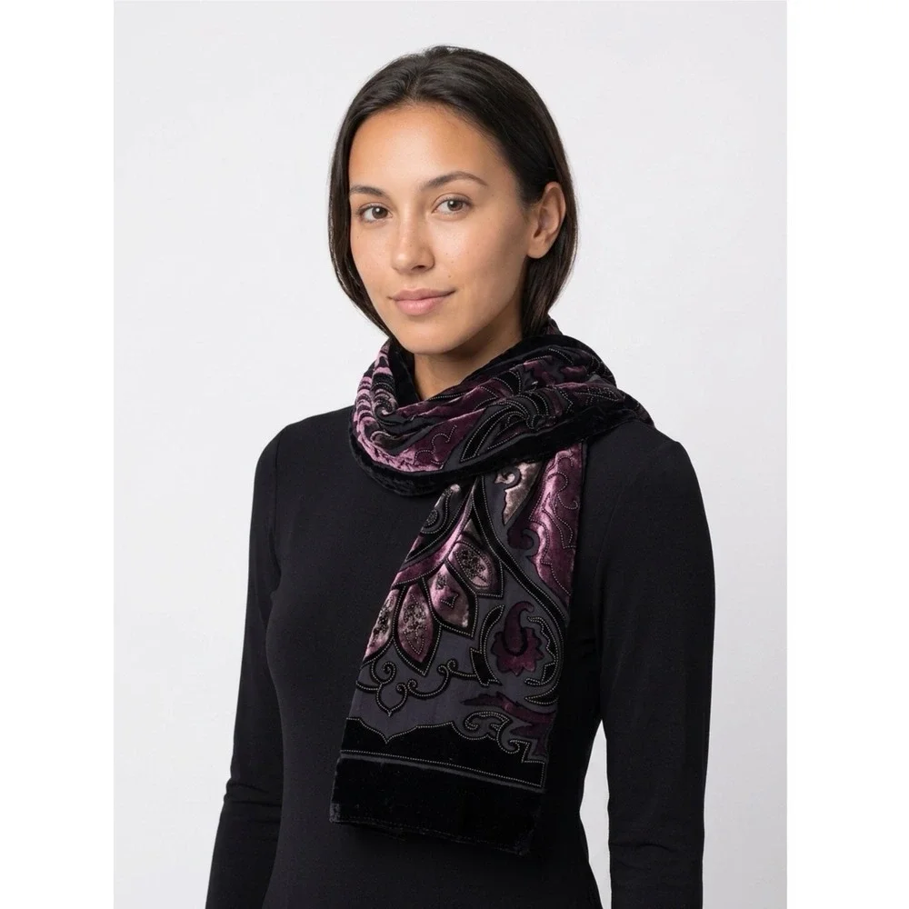 Vintage Silk Velvet Burnout Paisley Scarf Purple Beaded Devore Wrap Shawl